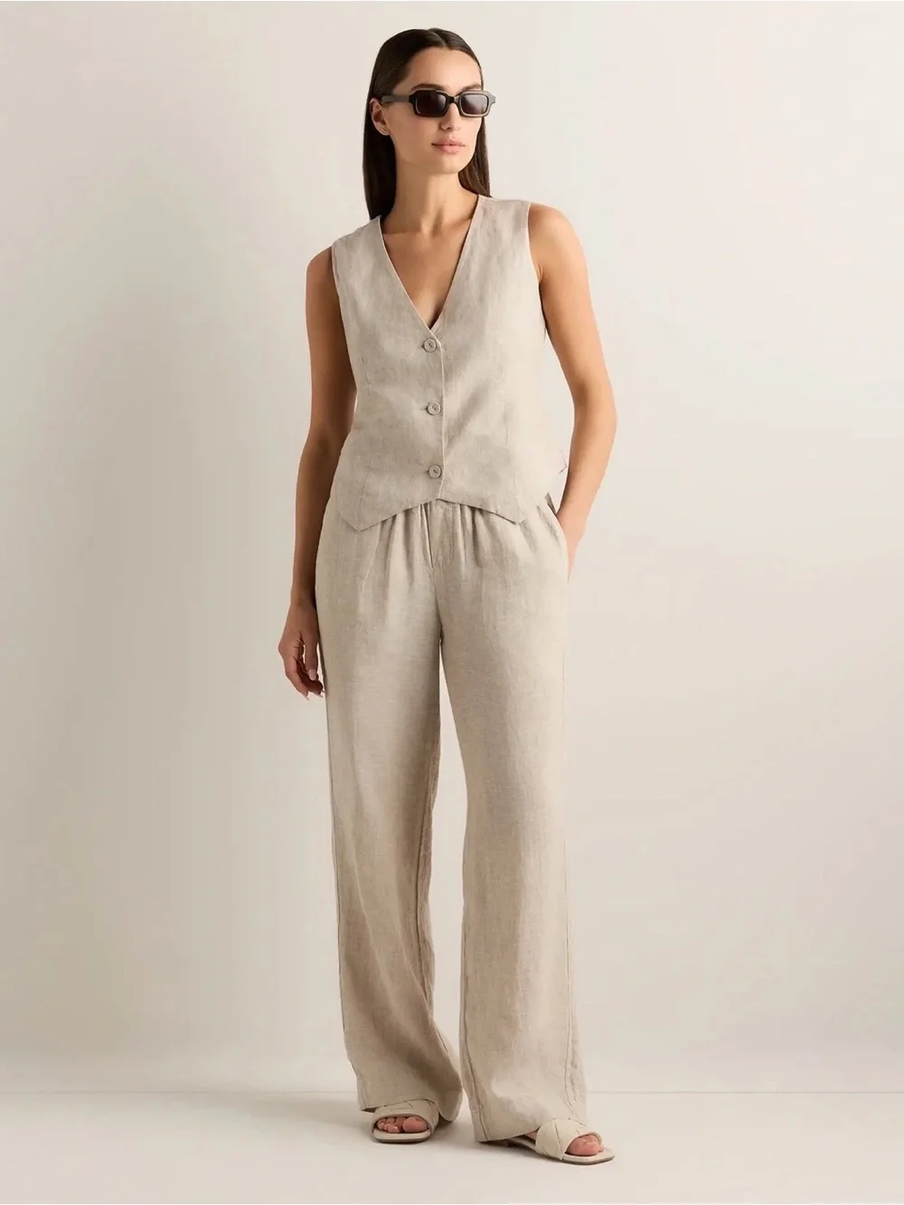 Quince Sleeveless V-Neck Button Front Vest - Light Beige European Linen